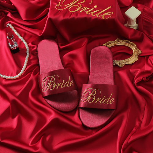 Embroidered new wedding bridesmaid slippers for women newlyweds satin red slippers wedding bride dressing gown matching shoes for women