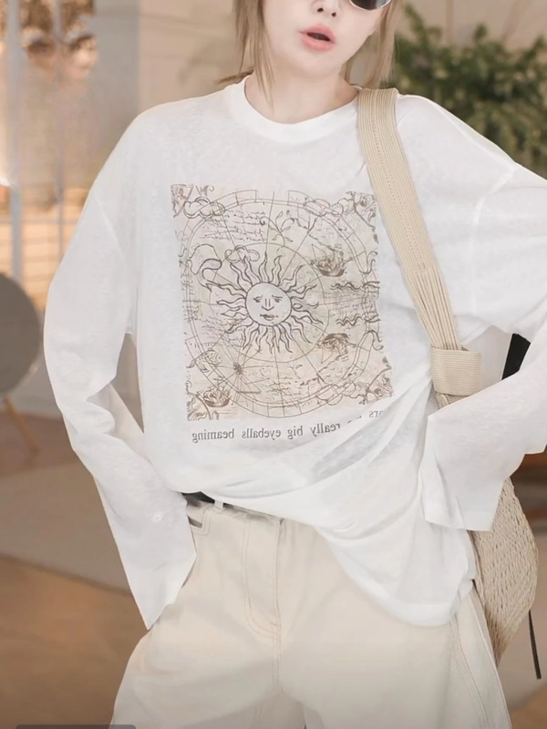 小太阳字母印花薄款长袖T恤女2025夏季新款慵懒风天丝棉防晒衫女|undefined