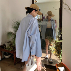 蓝色oversize衬衫外套女2025新款夏季宽松慵懒风外搭开衫防晒衬衣