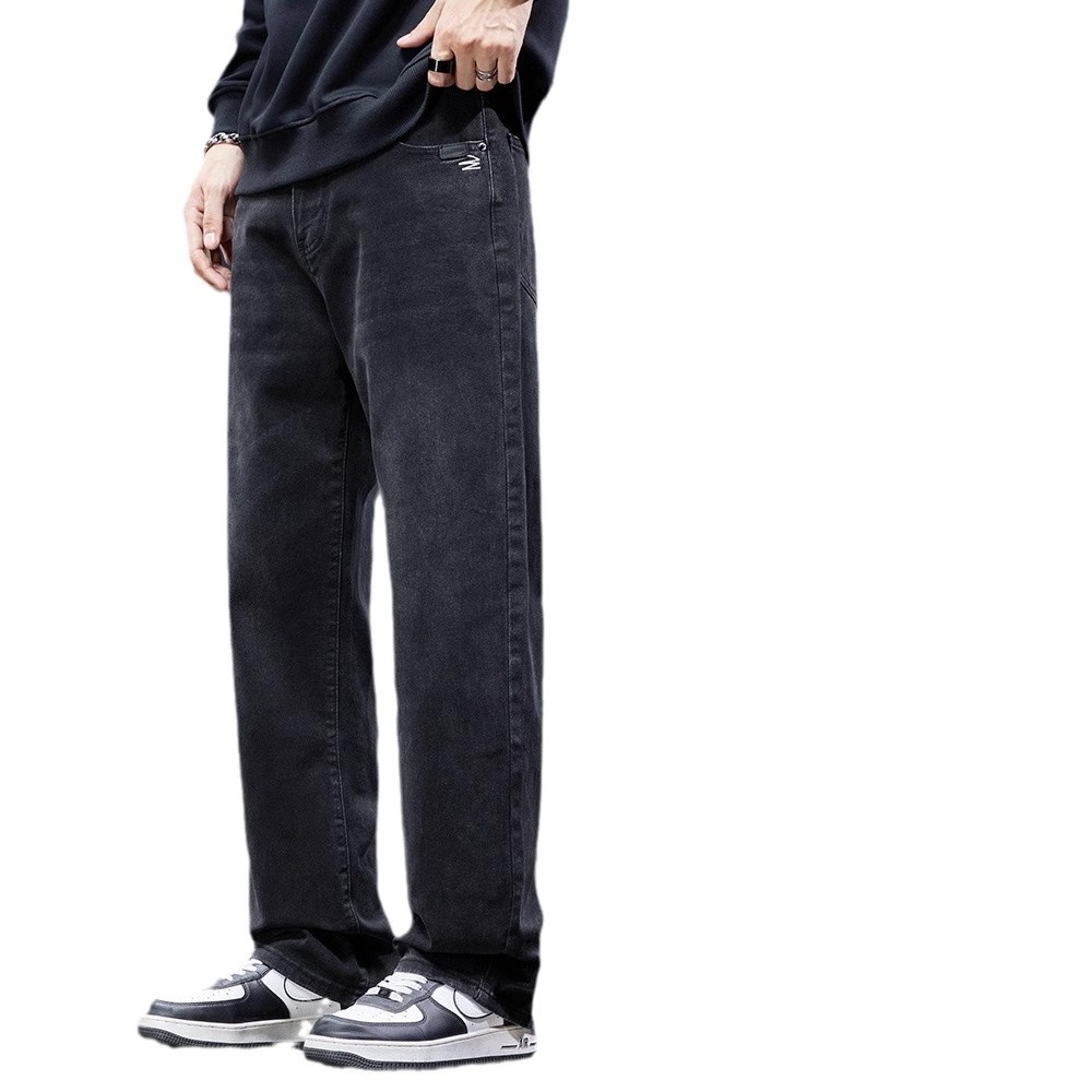 Black Jeans Men's Loose Straight Wide Leg Pants 2024 New Fall/Winter fleece-lined High Street Casual Long Trendy Pants