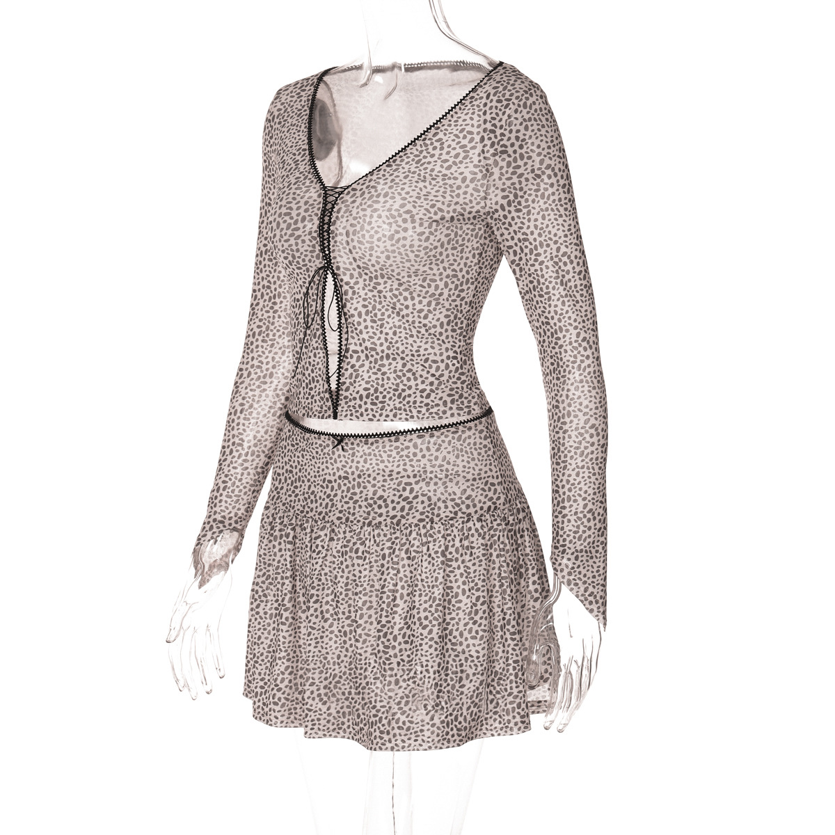 Women Summer Leopard Print Printed Sexy V neck Cardigan Strap Long Sleeved T shirt Miniskirt Set