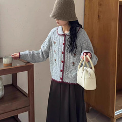 手工花朵刺绣polo领针织开衫女2025秋冬新款韩系甜美百搭毛衣外套