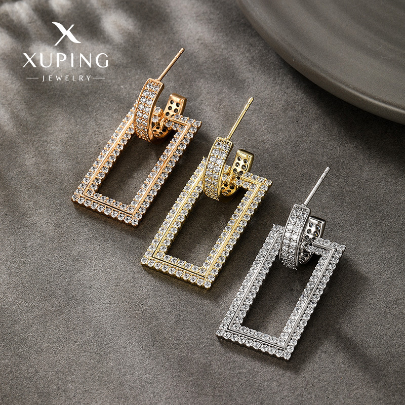 Aleación Xuping otoño y invierno super brillante pendientes de diamantes largos europeos y estadounidenses geometría rectangular estilo de cena pendientes de moda para mujeres