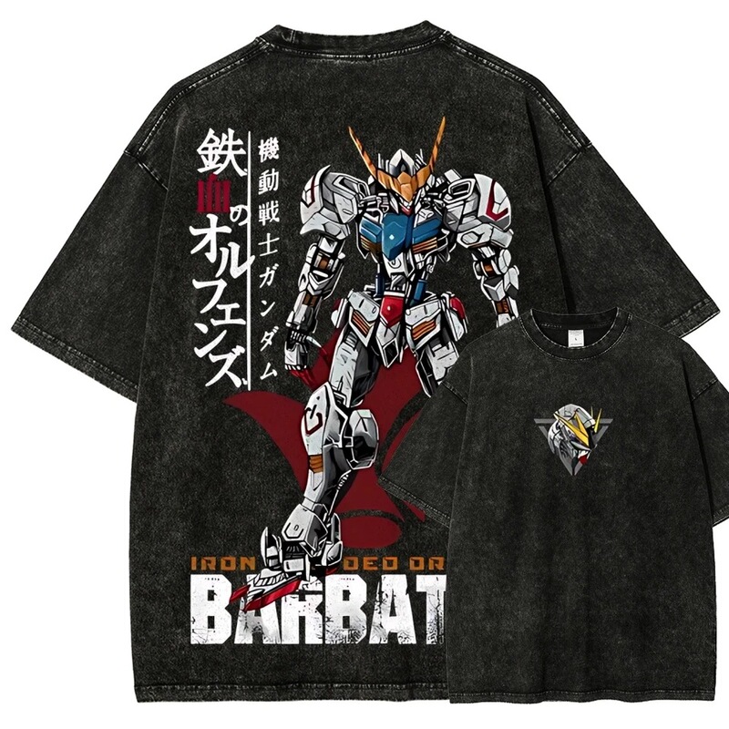 Gundam Barbatos T-Shirt for Men Ibo Vintage Acid-Washed Mecha Streetwear Oversized Retro Iron-Blooded Orphans Japan