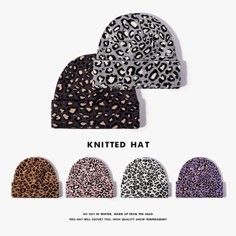 European and American Fashion Winter Jacquard Knit Hat for Women, Outdoor Brimless Warm Leopard Print Beanie, Thickened Ear-Protecting Wool Hat for Men