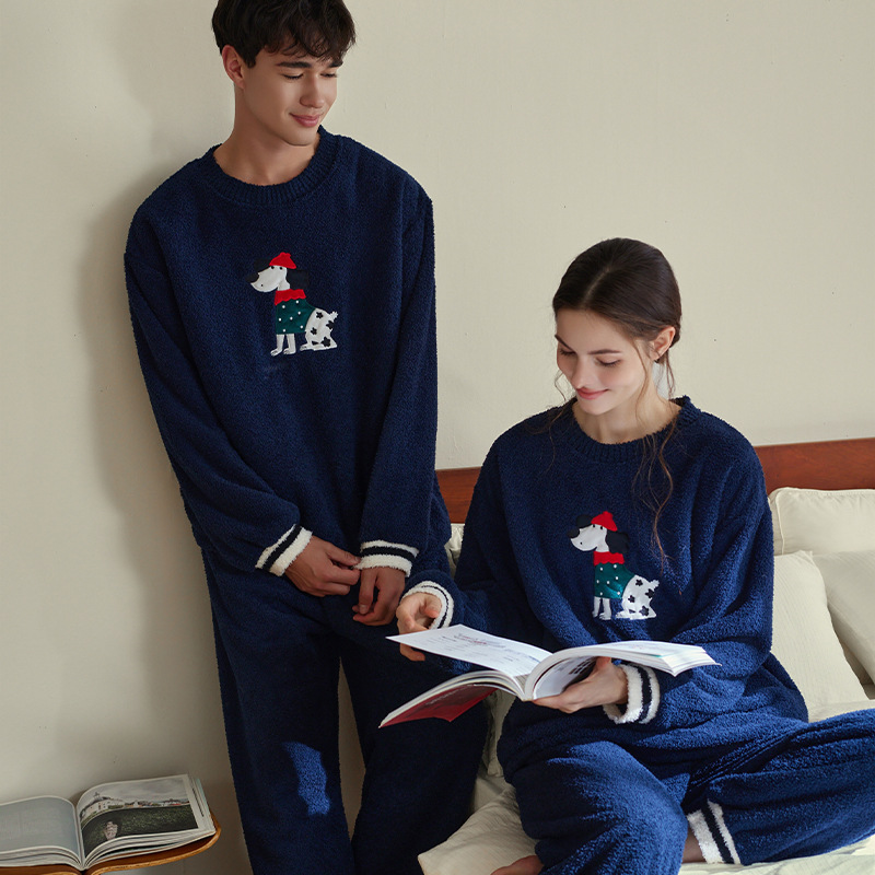 Autumn and Winter Couple Pajamas for Women, Coral Fleece Cartoon Puppy, Thickened Half-Side Casual Loungewear Set
