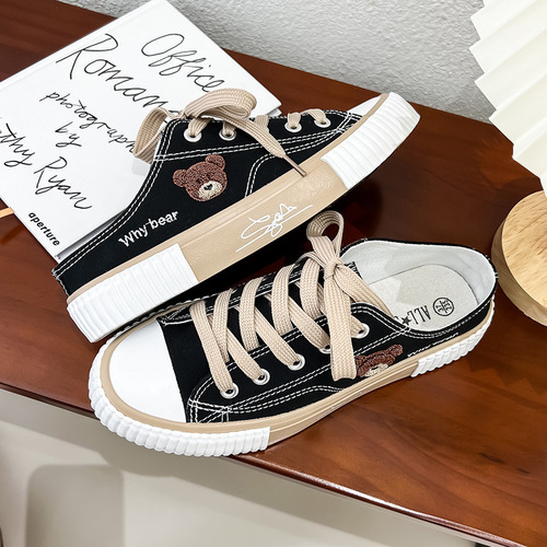 Bear canvas shoes for women  summer new low-cut casual sneakers, flat-soled trendy slippers, versatile half-slippers