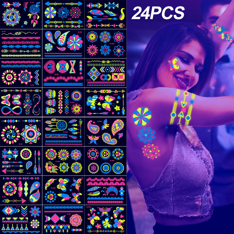 Amazon Fluorescent Tattoo Stickers Neon Glowing Face Stickers Nightclub Bar Makeup Face Stickers Eyebrow Stickers Set Wholesale