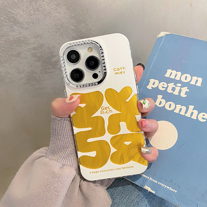 Texto festivo de hilo de plumas dorado de marea nacional para iPhone 14 funda para teléfono móvil 15ProMax Apple 12 hombres y mujeres 13 marea