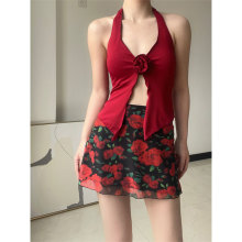 复古红色碎花网纱半身裙女夏季2025新款辣妹性感高腰a字包臀短裙