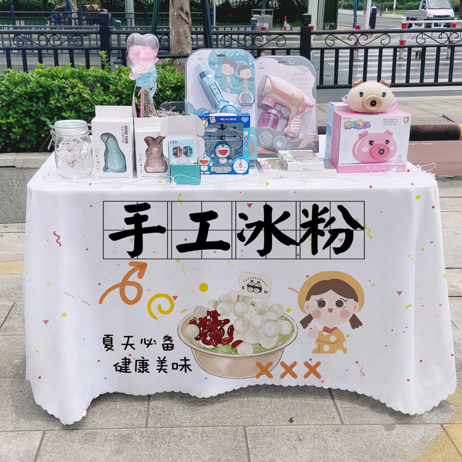 Manos de hielo en polvo toal de mesa letrero de mercado nocturno de alimentos puestos de toal de mesa carro publicidad toal de mesa publicidad toal