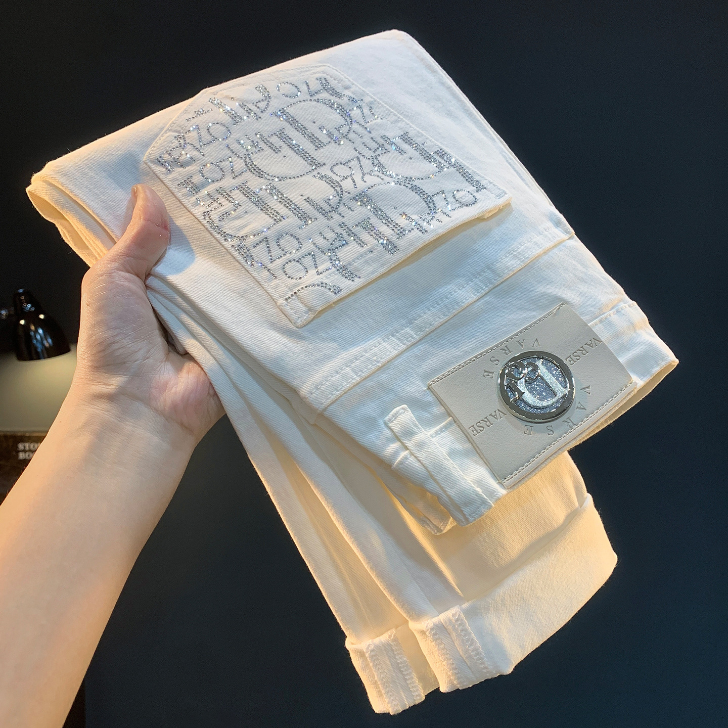 High-End Light Luxury Men's Jeans Summer Thin White Casual Slim Fit Pants with Beads and Stretch