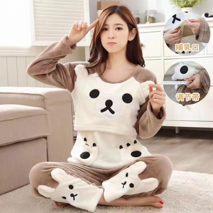 孕妇睡衣女秋冬季法兰绒加厚加绒产后月子服喂奶哺乳衣怀孕期套装