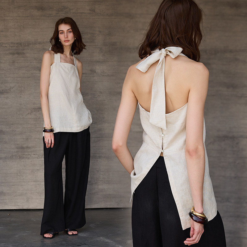 High-End Pure Linen Halterneck Backless Vest for Women, Designer Strappy Sleeveless Top, American Sexy Suspender Shirt