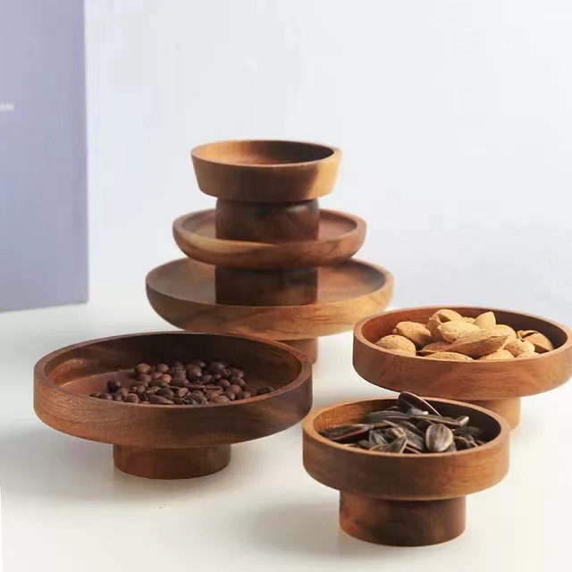 Plato de bocadillos de madera maciza alto Plato de bocadillos Plato de postres Plato de frutas secas Plato de pastelería retro