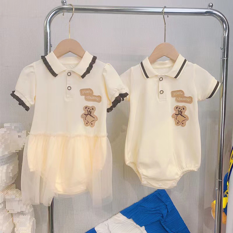 Little bear embroidered parent-child outfit summer family of threeorfour mother-child dress baby creeper Polo Polo short sleeve