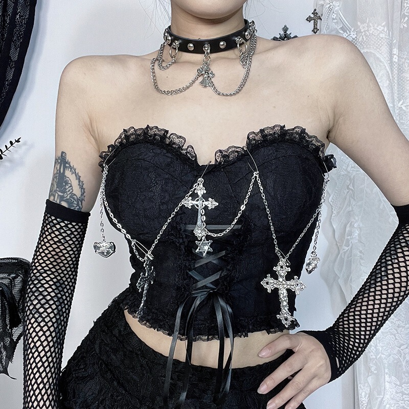 XS24041 Summer 2024 Sexy Hot Girl Tank Top Dark Gothic Cross Chain Strapless Camisole for Women