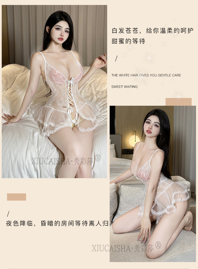 Lace Transparent Bodysuit Nightgown with Open-Crotch Stockings, Black One-Size Lingerie Dress — detail image 18