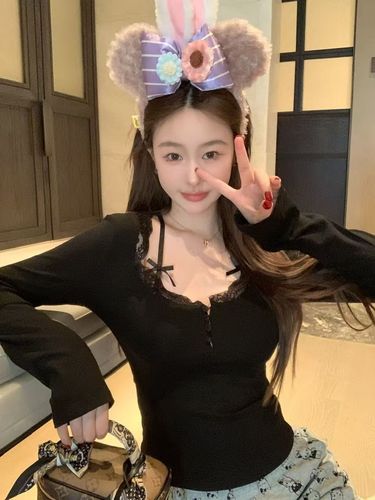 Pure Desire Windproof Fleece Lace Splicing Bow Tie T-Shirt for Women Autumn and Winter Base Layer Top Slim Short Sleeve Warm Up Top for Women