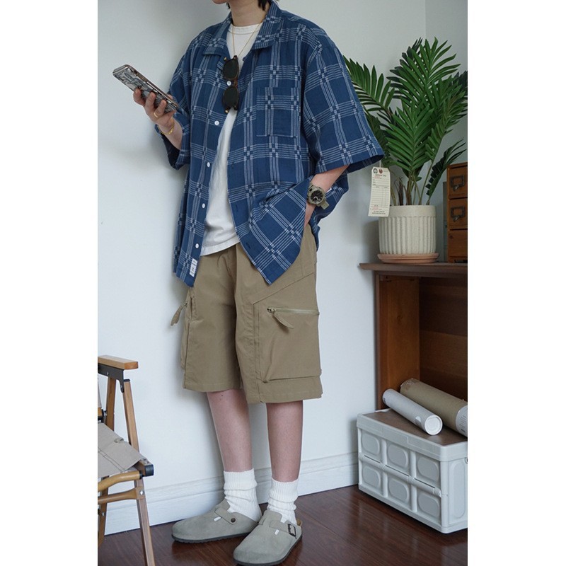 Camicia uomo retro stile giapponese a quadri collo cubano blu_voghion.com