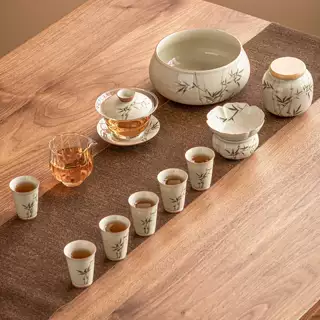 手绘翠绿文竹功夫茶具套装2026新款陶瓷高档盖碗茶杯家用泡茶专用