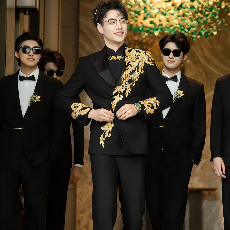 Huanxi Orange New Chinese Style 2026 High-End Embroidered Suit with Button Design for Men, Business Engagement Groom Wedding Tuxedo Huanxi Orange New Chinese Style 2026 High-End Embroidered Suit with Button Design for Men, Business Engagement Groom Wedding Tuxedo