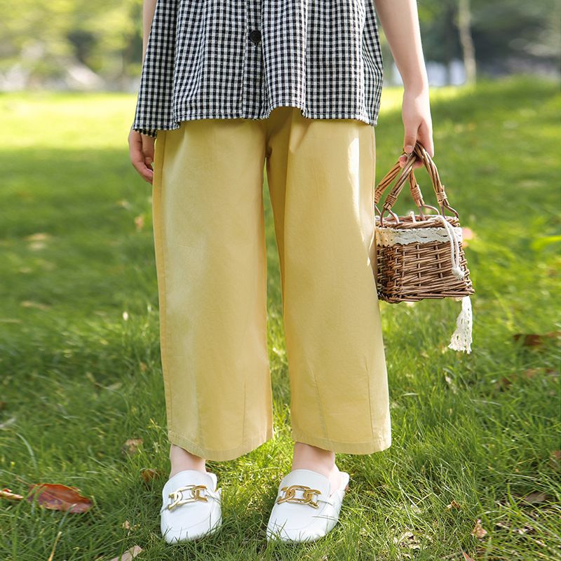 노란색 와이드 레그 크롭 팬츠