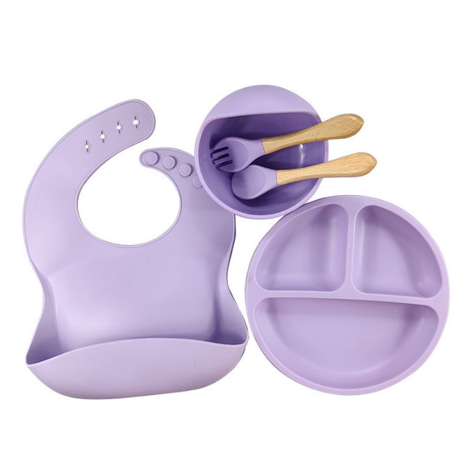 Venta caliente transfronteriza promoción precio bajo suplemento alimenticio de silicona para niños plato tazón tenedor cuchara babero seis piezas vajilla certificación completa