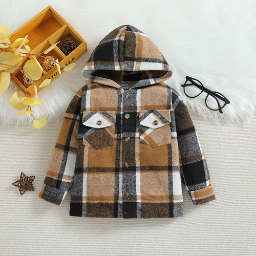 New Arrival Kids' Clothing: Boys' Spring and Autumn Outerwear—European and American Style Plaid Hooded Shirt for Children, Casual Shirt for Babies