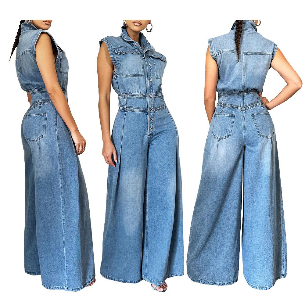 European and American Cross-Border Supply Women's New Casual Washed Sleeveless Denim Jumpsuit Wide-Leg Pants with Slimming Look Elegant