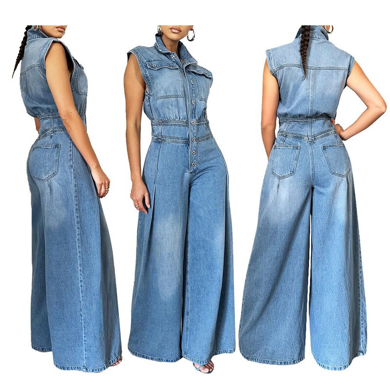 European and American Cross-Border Supply Women's New Casual Washed Sleeveless Denim Jumpsuit Wide-Leg Pants with Slimming Look Elegant