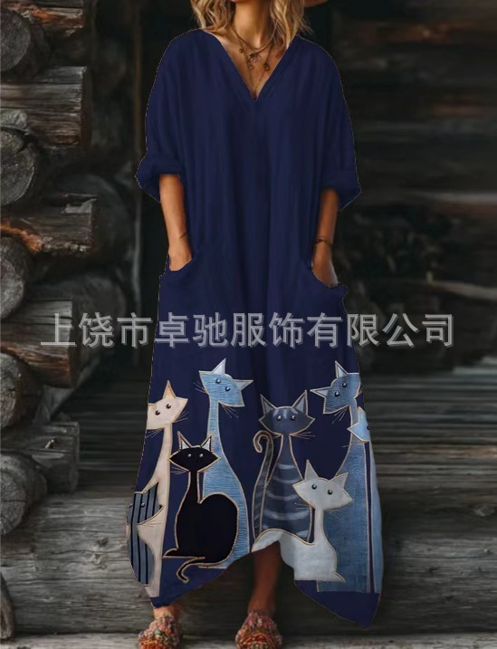 2025新款独立站女式复古花卉艺术图案印花口袋V领口袋连衣裙|undefined