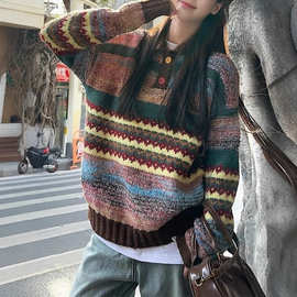 MJG设计感彩色纽扣长袖针织衫毛衣女冬季款小众复古软糯宽松上衣