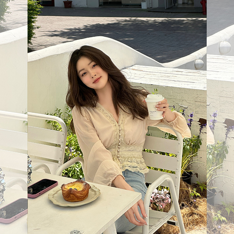 Thin Fairy Lace Shirt Women's V-neck Elegant Slim Pleated Lantern Sleeve Chiffon Pearl Buckle Cardigan Top