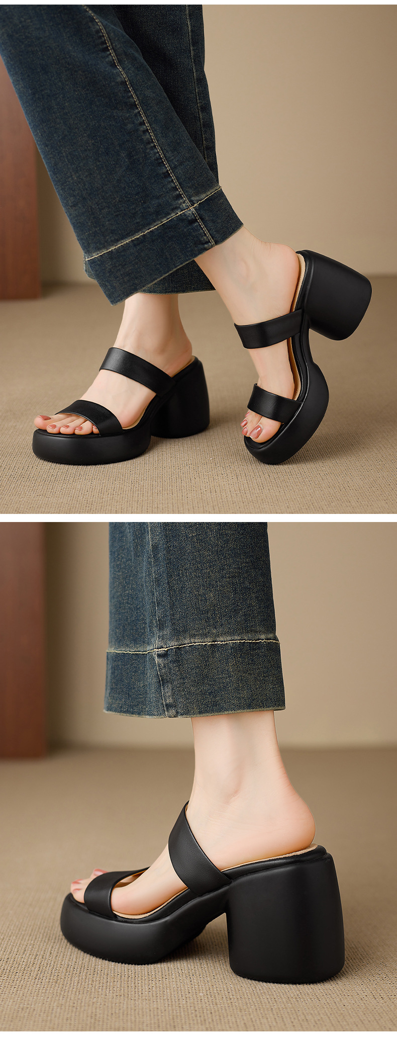 Sandal cao gót nữ quai ngang hở mũi đế xuồng gót vuông 9 cm — màu nâu, màu đen, màu trắng ngà chi tiết 10