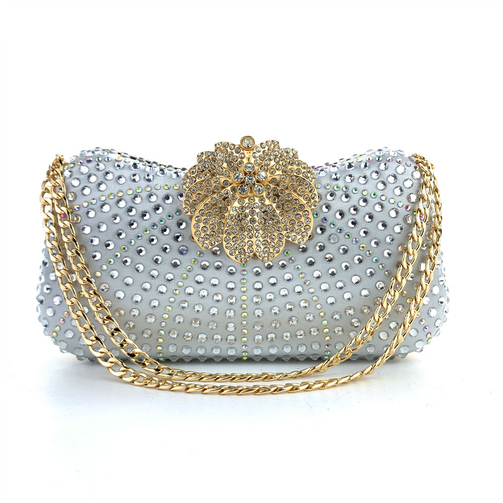 420g Weight Polyester Lining Material Lock clasp Closure Type Chain Strap Type Crossbody Bag, Evening Bag Bags Type Party Occasion Polyester Material Flower Pattern All Seasons Season Women's Gender Diamond Design Elegant Style Shell Shape Gold, Silver, Black Color Gold Silver Black Polyester Flower Shell Evening Bags 14