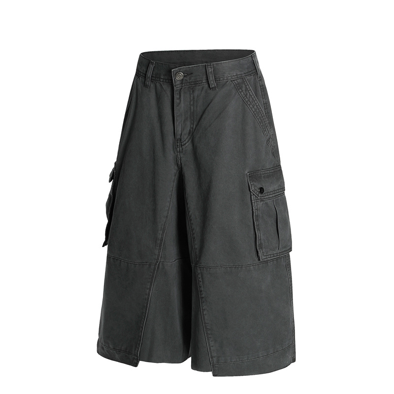 Dc+Z015 American Retro Multi-Pocket Raw Edge Wide-Leg Cargo Cropped Pants Men's Loose Casual Versatile Shorts