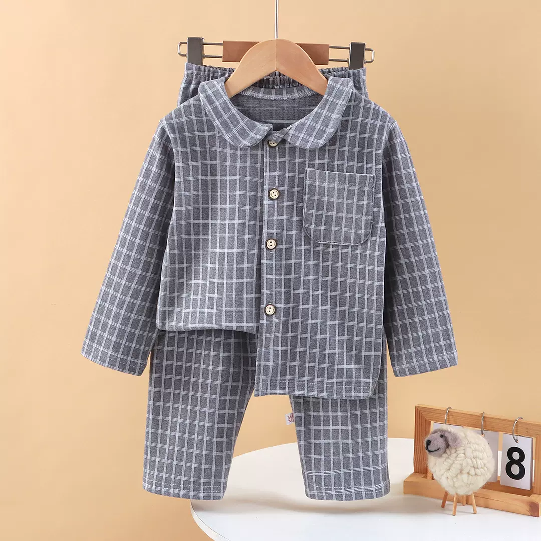 新款童装家居服套装儿童方格子暖绒翻领家居服男童睡衣宝宝居家服