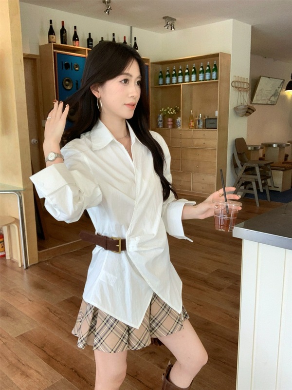 法式气质polo领白色衬衫设计感褶皱收腰长袖衬衣女装秋季别致上衣|undefined