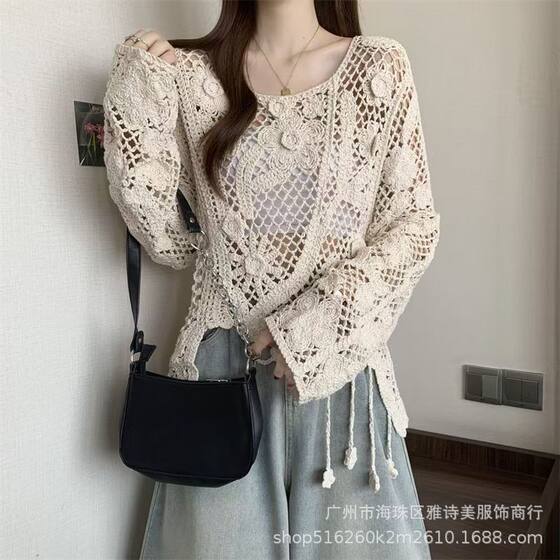 French Round Neck Hollow Crochet Knitted Sweater Women's Spring Loose Design Sense Niche Tassel All-match Top Trendy