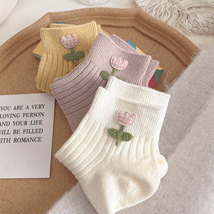 Japanese Style Sweet Cute Soft Girl Tulip Socks Women's Summer Comfortable Breathable All-match Three-dimensional Small Flower Socks