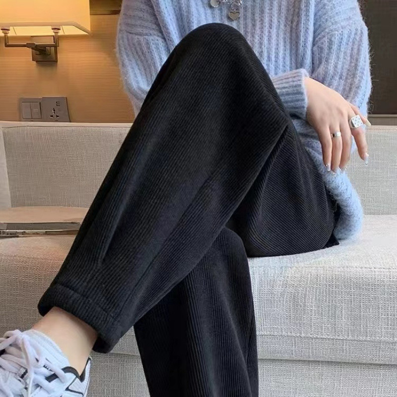 (2개) 기모 두꺼운 할란 바지 높은 허리 다리 포켓 블루머 바지 학생들을위한 모든 경기 슬리밍 따뜻한 바지