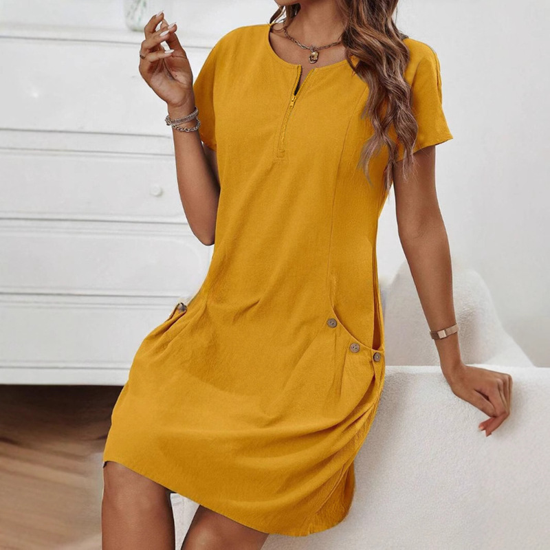 2025 Cross-Border Foreign Trade European and American Women's Summer In-Stock Cotton-Linen Zip-Up Pocket Short-Sleeve Dress