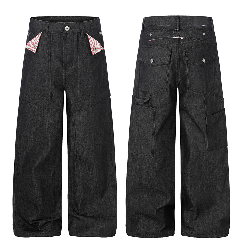 Dc+G60030 American Retro Striped Flip-Pocket Wide-Leg Jeans Summer Unisex Style Drapey Workwear Pants Dc+G60030 American Retro Striped Flip-Pocket Wide-Leg Jeans Summer Unisex Style Drapey Workwear Pants