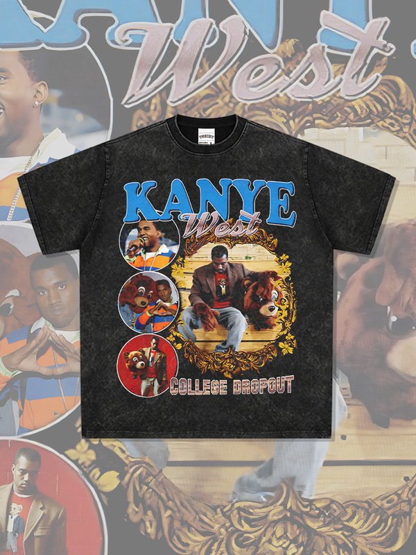 Cross-Border Retro Hip-Hop Kanye West Printed Short-Sleeved T-Shirt Vintage Washed Heavy Cotton Loose Round Neck