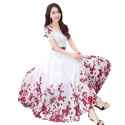 Style Print Dress Elegant Slimming Youthful Large Swing Medium Length Dress Beach Dress