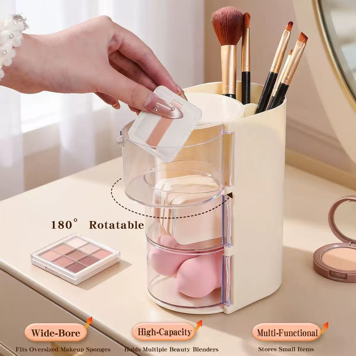Caja de almacenamiento de polvo giratoria a prueba de polvo梳妆台 de escritorio maquillaje huevo cojín de aire lápiz labial cepillo de maquillaje estante de almacenamiento