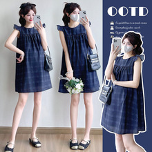 2025夏季流行元素飞飞袖格子孕妇连衣裙中裙