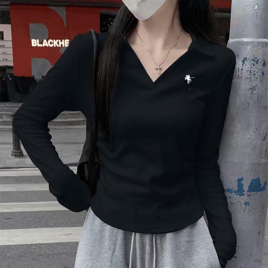 Women's Slim Fit Long Sleeve Polo Shirt Embroidered Knight Design Casual Versatile Top for Fall_ecoleips.com