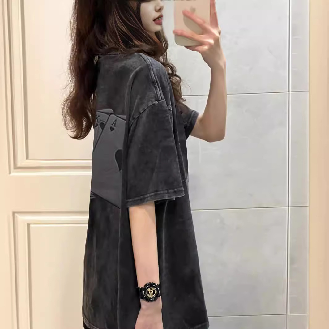 Americano Retro lavado viejo moda marca poker dados Mahjong espuma impresa Camiseta de manga corta de los hombres y las mujeres de la camiseta de la moda